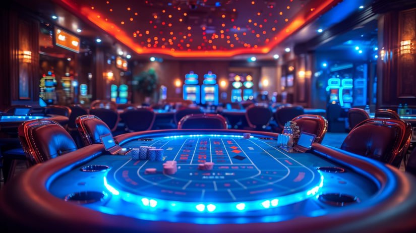 Meja casino digital dengan pencahayaan neon warna ungu di ajowin